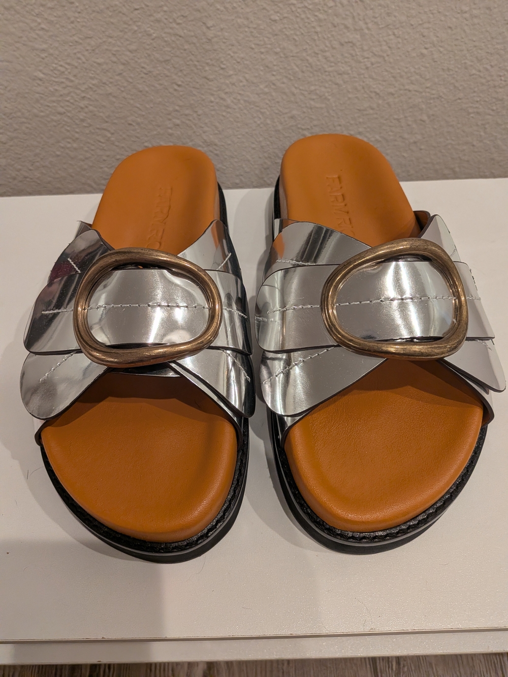 FARM Rio Silver Slide Sandals with Orange Footbed